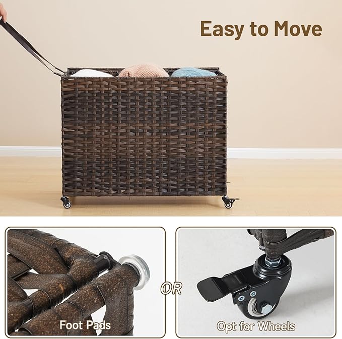 Laundry Hamper with Wheels, 52.8 Gallon(200L) Rolling Laundry Basket with Lid, 3-Section Rattan Clothes Hamper with 3 Removable Liner & 3 Mesh Bags, Laundry Sorter with Side Pocket, Brown