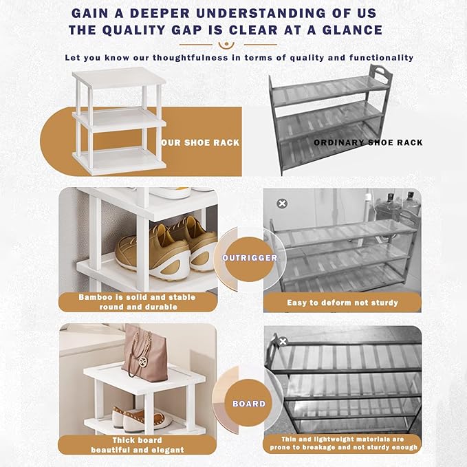 Bamboo Shoe Rack 5Tier- Vertical White Shoe Rack for Small Spaces, Tall Narrow Shoe Rack Organizer for Closet Entryway Corner Garage and Bedroom,Skinny Shoe Shelf with Free Stackable DIY