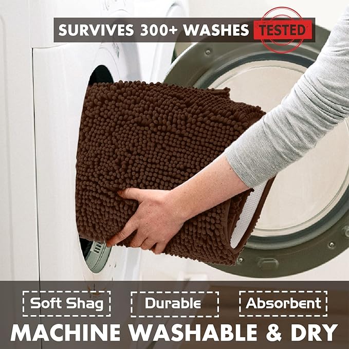 Bathroom Rugs Sets 2 Piece, Luxury Chenille Bath Mat Set, Soft Plush Anti-Slip Bath Rug + U-Shaped Toilet Mat. Microfiber Shaggy Carpet, Super Absorbent (24” x 36” & 20” x 24” U, Brown)