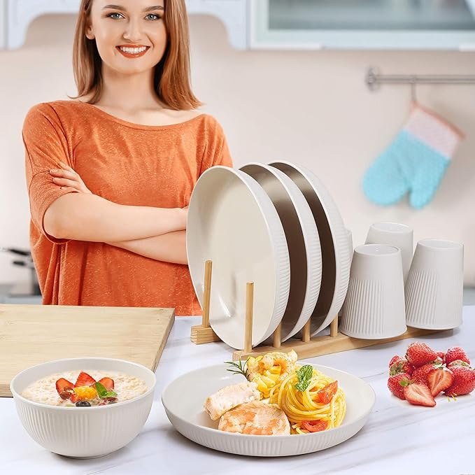 12pcs Wheat Straw Dinnerware Sets for 4, Kitchen Unbreakable Wheat Straw Plates and Bowls Sets for College Dorm Apartment Reusable Beige