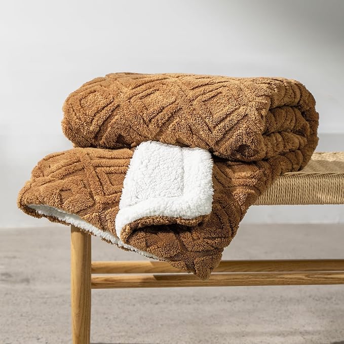 EVERGRACE Jacquard Boho Sherpa Fleece Throw Blanket for Couch, Super Soft Cozy Fuzzy Plush Blankets for All Seasons, Reversible Thick Warm Blanket for Bed, Sofa, Living Room, Burnt Orange, 50" x 60"