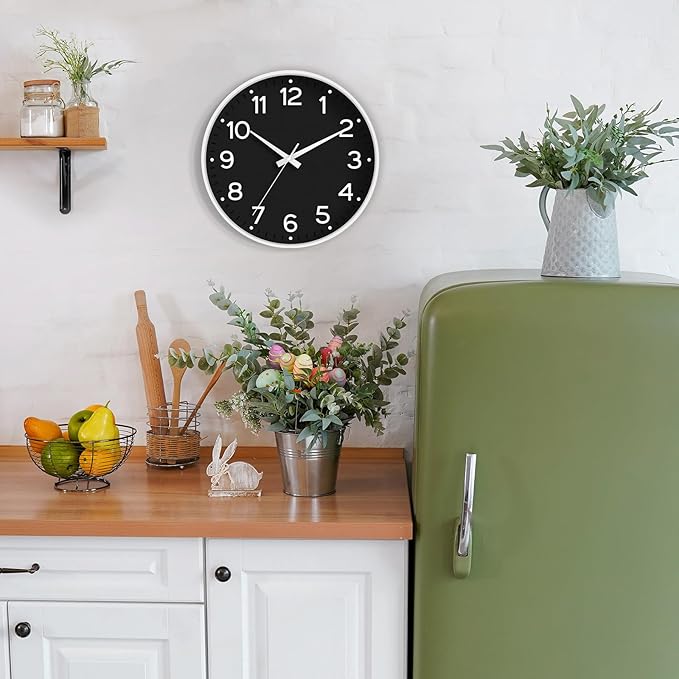 Wall Clock, Silent Wall Clocks Battery Operated 8 Inch-Modern Non Ticking Analog Clock Decorative for Kitchen Office Bathroom Bedroom(Black)