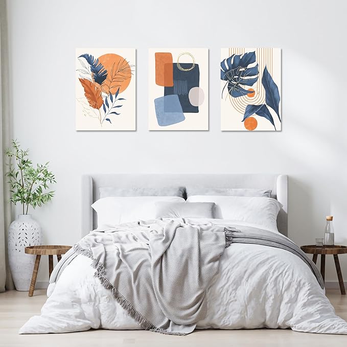 Boho wall art painting Set of 3, 12"x16" Mid Century Modern Wall Decor Framed Canvas Print Minimalist Wall Art Geometric Abstract Modern Neutral Boho Wall Art Decor for Living Room Bedroom Bathroom