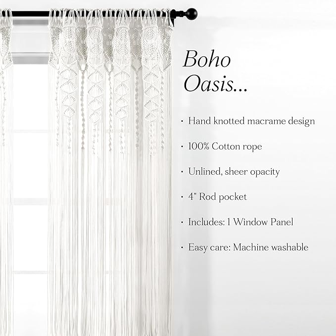 Lush Decor Boho Macrame Textured Cotton Window Curtain Panel, 40" W x 84" L, White - Room Divider or Wedding Decor - Boho, Macrame