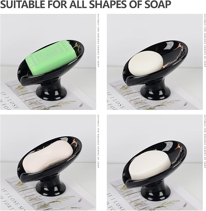 Soap Dish, Ceramic Soap Holder Self Draining Leaf Shape Bar Soap Holder, Marble Look Black Drain Soap Dish Holder for Bathroom, Easy to Clean Keeps Soap Dry, ANTIS'S HOME