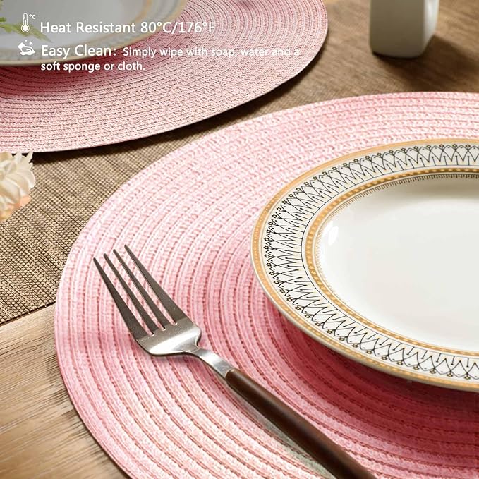 FunWheat Round Braided Placemats Set of 6 Place mats for Dining Tables Woven Heat Resistant Table Mats 15 inch (Pink)