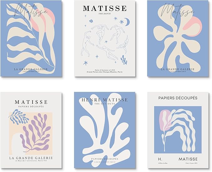 Habseligkeit Blue Matisse Wall Art Prints, Retro Abstract Posters for Girls Room Aesthtic, Girls Dorm Wall Decor Set of 6, 8x10 in