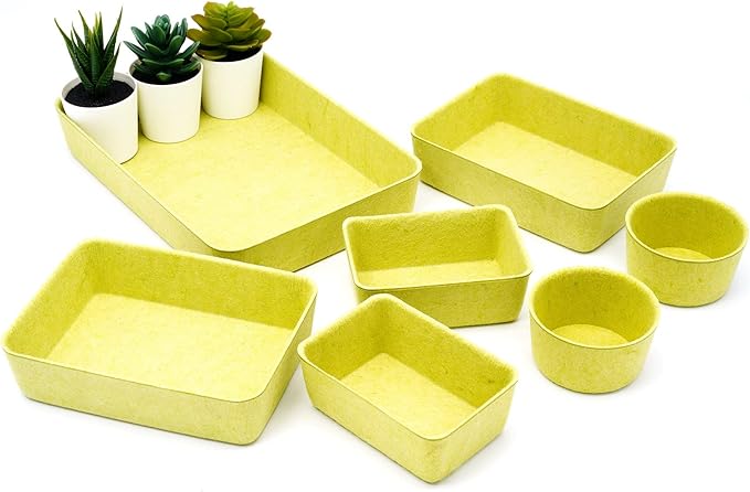 Welaxy Drawer organizers tray Felt storage bins office Desk dividers Morandi Colors Shallow Box 7-Piece round (Linden green)