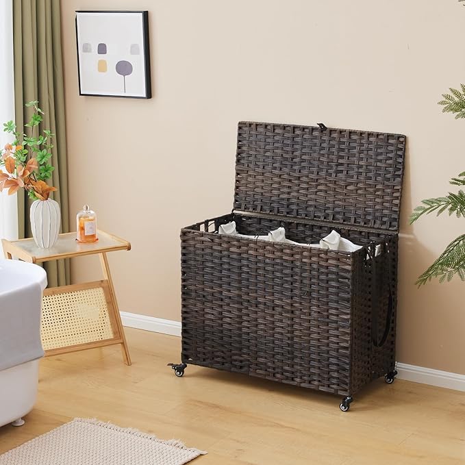 Laundry Hamper with Wheels, 52.8 Gallon(200L) Rolling Laundry Basket with Lid, 3-Section Rattan Clothes Hamper with 3 Removable Liner & 3 Mesh Bags, Laundry Sorter with Side Pocket, Brown