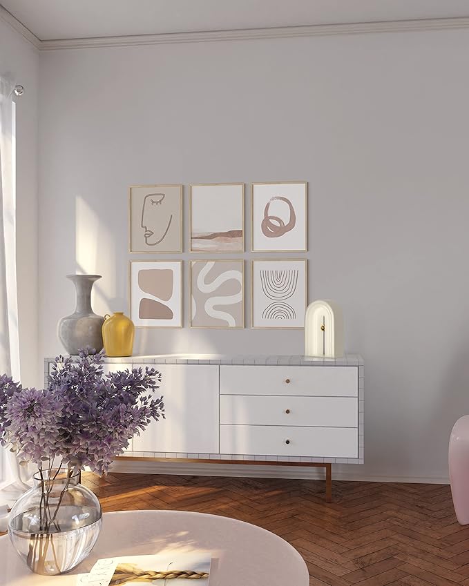 HAUS AND HUES Frameable Beige Boho Art Wall Decor - Set of 6 Neutral Mid Century Modern Wall Art, Minimalist Wall Art, Neutral Wall Decor, Beige Boho Posters for Room Aesthetic (Unframed 8x10)