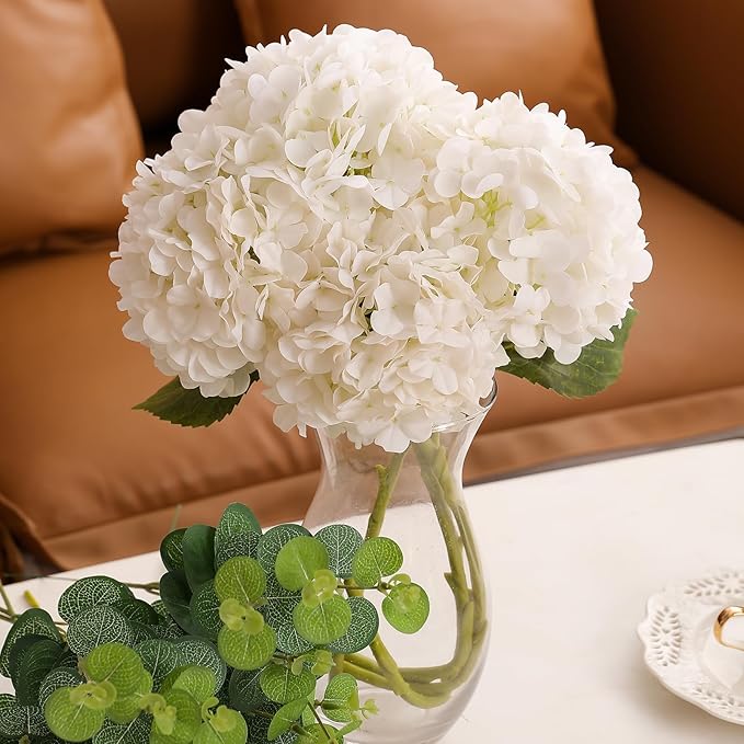 Tifuly Fake Hydrangea Artificial Flowers with Vase 4pcs 3D Real Touch Faux Hydrangea and 3pcs Eucalyptus Stems for Wedding Centerpiece Home Party Table Decoration(White)
