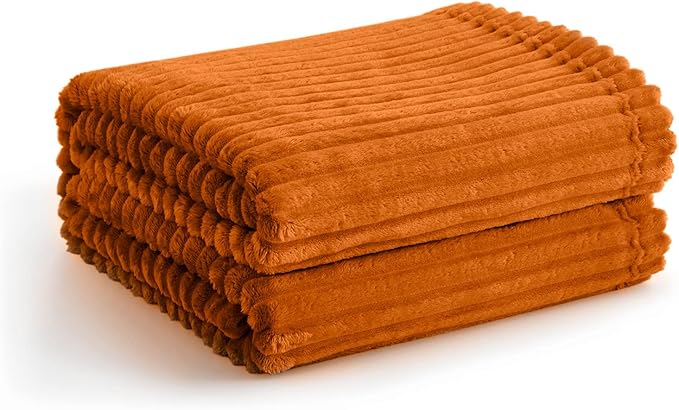 Vessia Flannel Fleece Throw Blanket, 300GSM Cozy Orange Striped Blanket for Kids and Adults, Warm and Soft Microfiber Ribbed Couch and Sofa Throw for All Season(50x40inch)