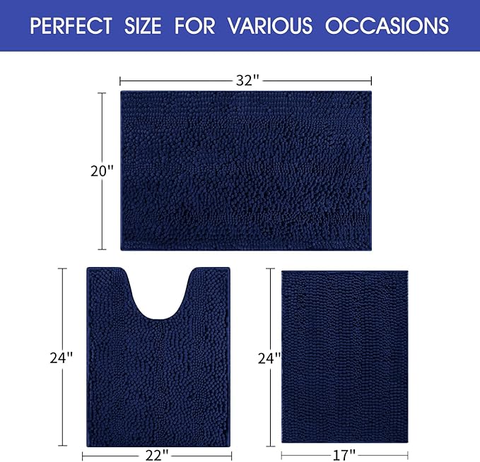 ACCUMTEK Striped Navy Blue Bathroom Rug Set 3 Pieces Ultra Soft, Non Slip Chenille Toilet Mat, Absorbent Plush Shaggy Bath Mats for Bathroom, Bedroom, Kitchen