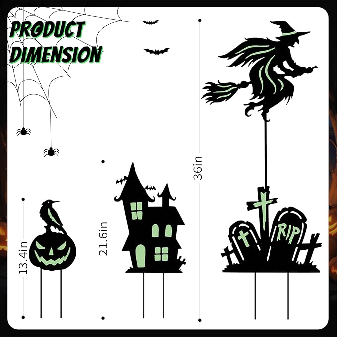 BRIGHTDECK Halloween Outdoor Yard Decorations, Set of 3 Glow in The Dark Witch Broom Fluorescent Waterproof Metal Stakes for Lawn Garden Halloween Decor (Flying Witch Tombstone Pumpkin Haunted House)