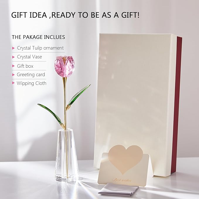 Crystal Tulip Flowers Figurine Collectible- Glass Flowers with Vase,Glass Flower Bouquet Paperweight,Gift for Anniversary Wedding Centerpiece Ornament(Pink)