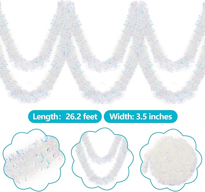 26.2 Feet Iridescent White Holiday Tinsel Garland for Christmas, Birthday, Weddings, Party Decorations, Xmas Foil Tinsel Garland for All-Season Home Indoor Outdoor Party Supplies(Iridescent White)
