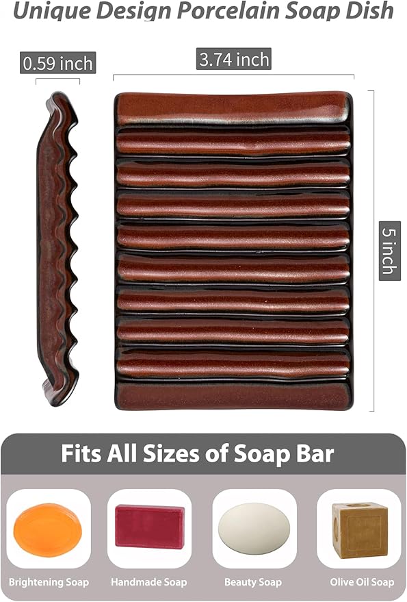 Bar Soap Holder, Ceramic Soap Dish Japanese Soap Tray for Countertop & Saver for Shower, Lift Soap Keep Dry,with Self Drain, Red