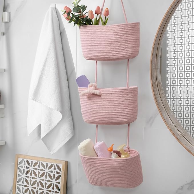 TeoKJ 3-Tier Wall hanging Storage Bags, Over the Door Organizer, Decorative Cotton Rope Hanging Baskets, Pink