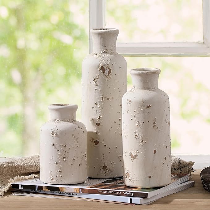 SIDUCAL Ceramic Rustic Farmhouse Vase Set of 3, Whitewashed Terracotta Vase, Clay Decorative Vases for Home Decor, Living Room, Shelf, Mantel Decoration(Rustic White)