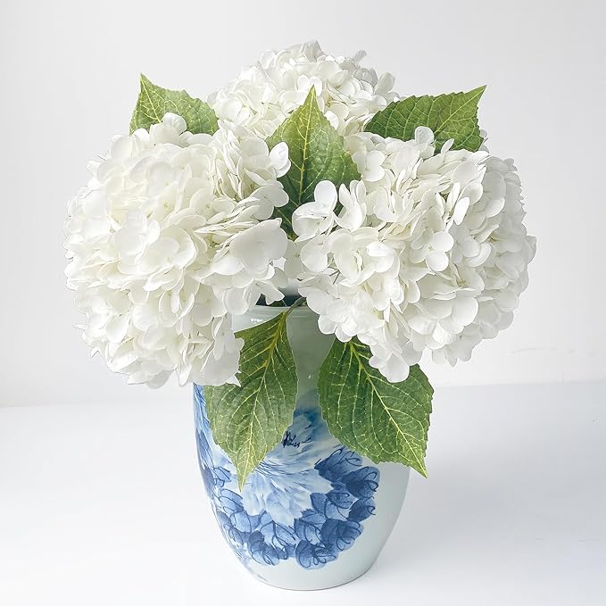 White Hydrangea Artificial Flowers, 3Pcs Large 21” Royal Real Touch Latex Silk Flowers Faux Hydrangea, Lifelike Fake Flower for Spring Wedding Bouquet Table Centerpieces Indoor Home
