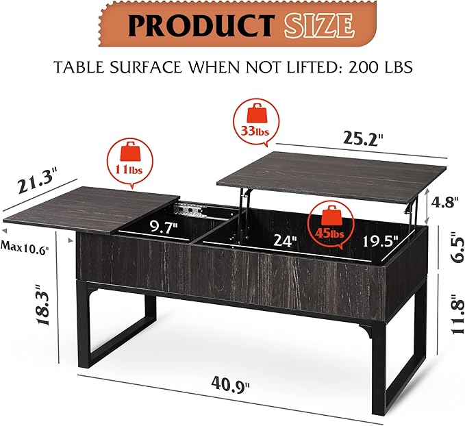 WLIVE Lift Top Coffee Table with Storage, 40.9" Coffee Table with Lifting Top & Sliding Cover, Wood Modern Center Table with 2 Hidden Compartment for Living Room, Charcoal Black