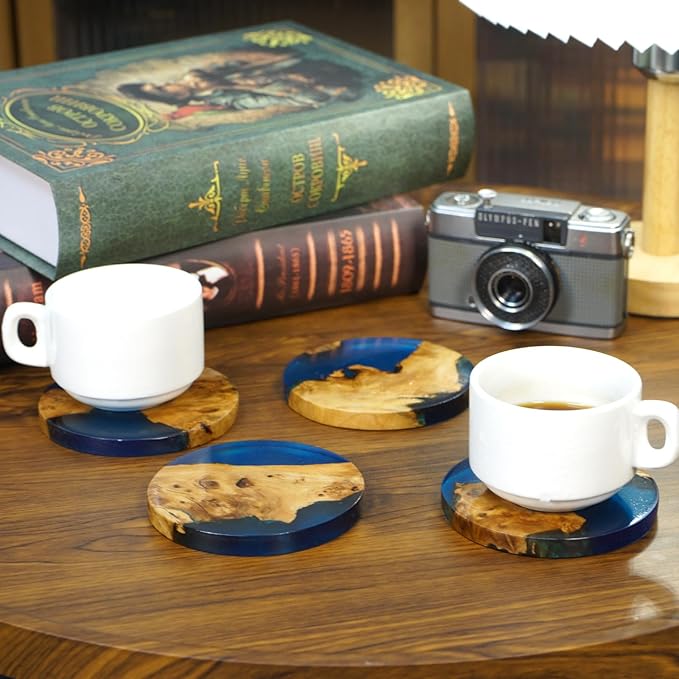 Drink Coaster Set, Wooden Bar Coasters, Resin Coaster for Coffee Table, Tabletop Decorative Artwork, Unique, Handmade & Aesthetically Pleasing for Home, Office, Bar Decor,Coasters Set of 4