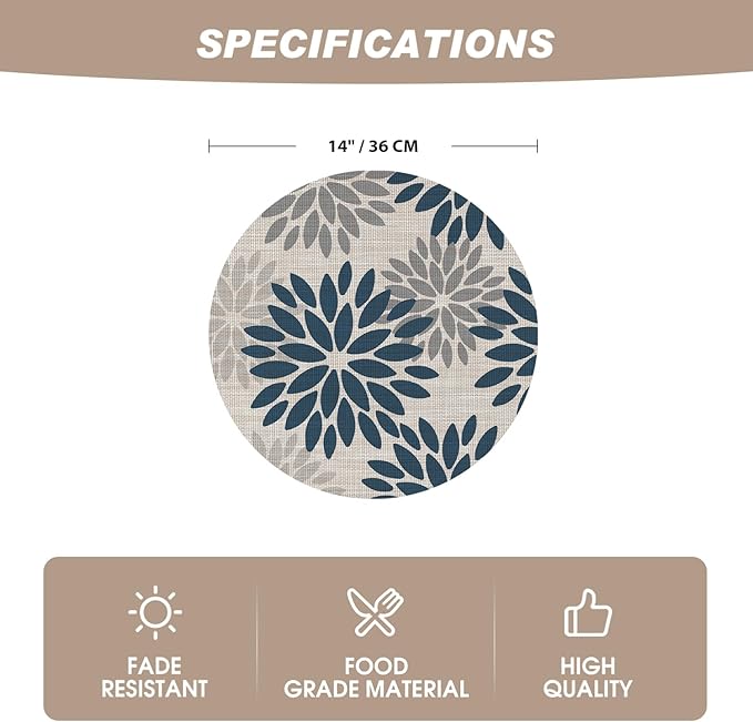 Artoid Mode Navy Dahlia Plastic Round Placemats Set of 4, 14 Inch Seasonal Wipeable Woven Vinyl Table Mats for Farmhouse Party Kitchen Dining Decor