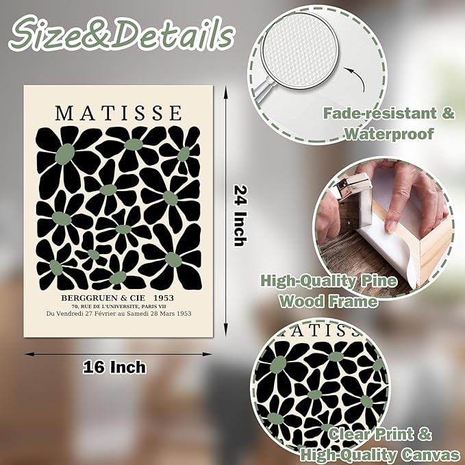 Sage Green Wall Posters & Prints, Green Matisse Wall Art Set of 3, Abstract Matisse Framed Wall Art Decor, Minimalist Geometric Line Green Canvas Artwork Paintings for Living Room, Bedroom, Office