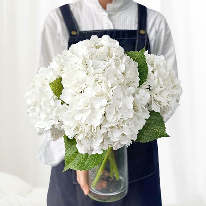 White Flowers Hydrangea Artificial Flowers, 4Pcs Outdoor Large 21” Royal Real Touch Latex Silk Flowers Faux Hydrangea, Lifelike Fake Flower for Spring Wedding Bouquet Table Centerpieces
