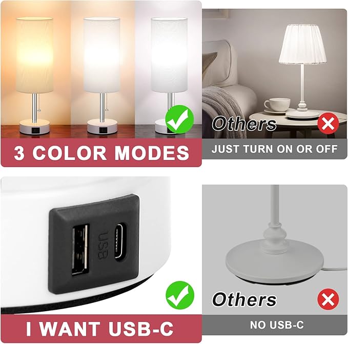 Hong-in Nightstand Lamp with 3 Color Modes - White Lamp for Bedroom with USB-C USB-A Charging Ports, 3000/4000/5000k Bedside Lamps by Pull Chain, Small Table Lamp for Bedroom, Office, Living Room