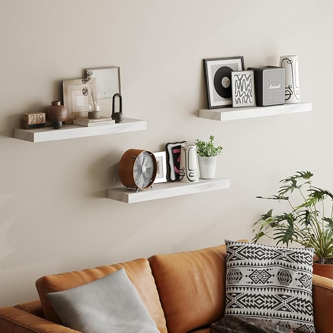 BAMEOS Floating Shelf,Wall Shelf,Decor Wall Mounted Shelves,Hanging Shelf Set of 3,L24xW6 for Bathroom Kitchen Living,Kitchen,Room Bedroom Storage,Jazz White