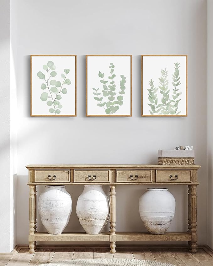 Drsoum Framed Botanical Plant Canvas Wood Wall Art Light Green Sage Wall Decor Eucalyptus Leaf Picture for Bedroom Living Room Bathroom Office 12βx 16β x 3pcs