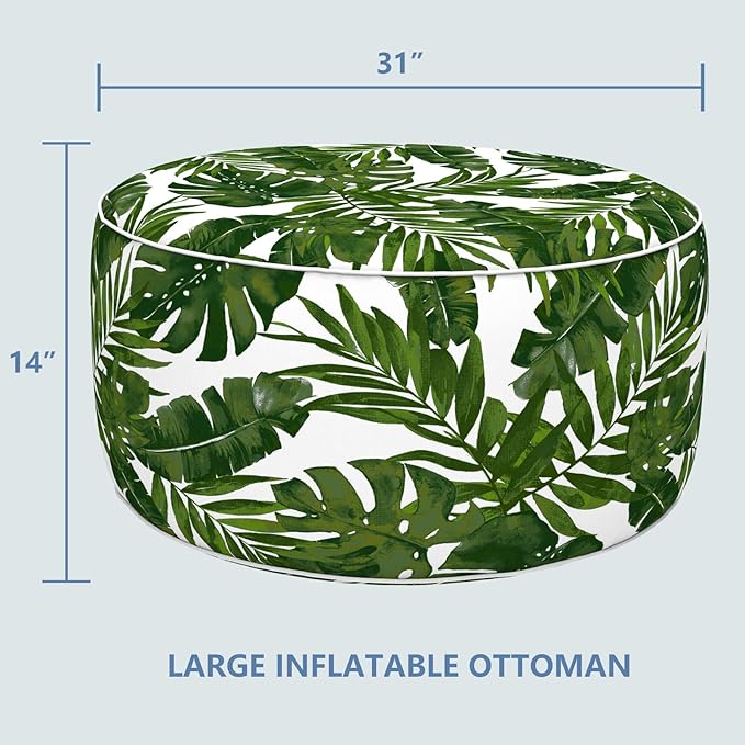 LVTXIII Indoor/Outdoor Inflatable Ottoman, D31 x H14 Inch Large Round Ottoman, All Weather Foot Rest Stool, Portable Footrest for Patio, Garden, Camping and Home - Palm Green