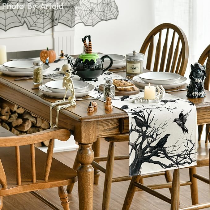 Artoid Mode Silhouette Tree Crows Branches Halloween Table Runner, Seasonal Fall Kitchen Dining Table Decoration for Home Party Decor 13x120 Inch