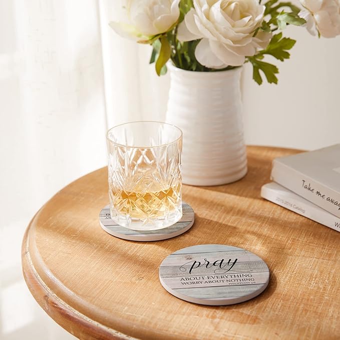 Coasters for Drinks with Bible Verses, Set of 6 Absorbent Drinks Coasters with Holder, Christian Gifts