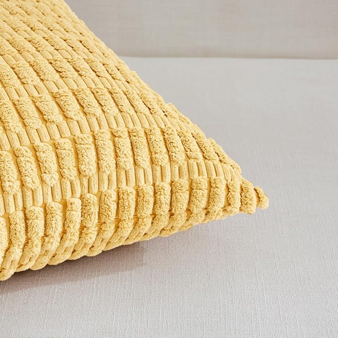 Fancy Homi 4 Packs Yellow Spring Decorative Throw Pillow Covers 18x18 Inch for Living Room Couch Bed Sofa, Rustic Farmhouse Boho Home Decor, Soft Striped Corduroy Square Cushion Case 45x45 cm