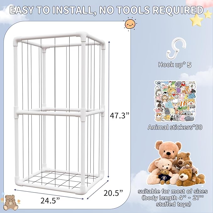 Extra Large Plush Stuffed Animal Storage Zoo Holder Standing, Kids Toy Storage Organizer Shelves Basket with Nets for Stuffed Animals, Play Room Decor Corner Toy Box Storage. (Thicker Tube)