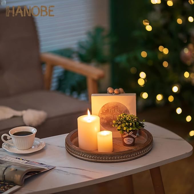Hanobe Decorative Serving Tray Round: Brown Beaded Trays for Coffee Table Rustic Wooden Candle Holder Decor Farmhouse Vintage Centerpiece for Living Room Kitchen Counte