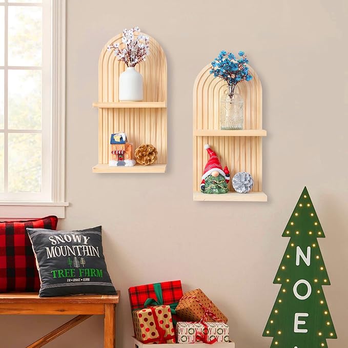 YIYA 2 Pcs Boho Wooden Rainbow Wall Shelves Floating Shelves for Wall Rainbow Arch Boho Floating Shelves Modern Boho Wall Shelf for Living Rooms Bathroom Display