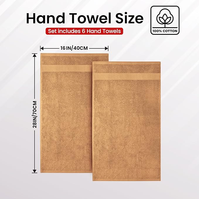 Infinitee Xclusives Luxury 100% Ring-Spun Cotton Hand Towels for Bathroom Set of 6 (16x28 inches) - Soft, Absorbent & Quick-Drying Bath Towels for Bathroom, Gym, Spa & Hotel Use (Cosmic Sand)