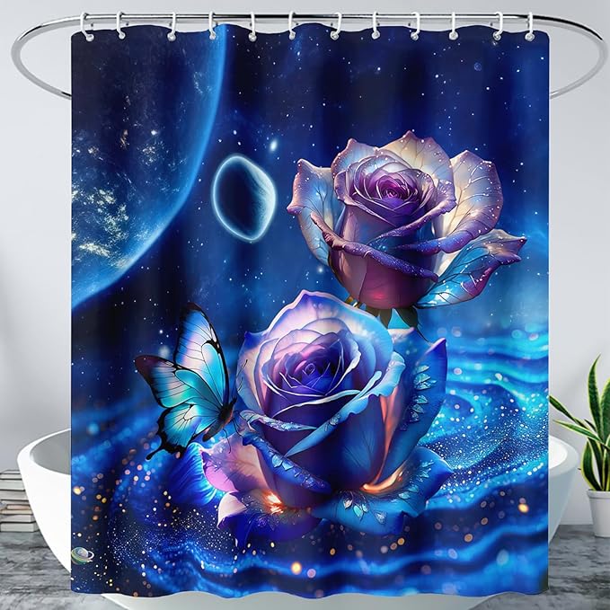 AILONEN Blue Rose Shower Curtain,Romantic Flower Bath Curtain for Girls Women,Blue Galaxy Starry Rose Floral Curtain for Bathroom Decor 72" W*72" H,Waterproof with 12 Plastic Hooks