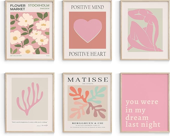 Habseligkeit Flower Market Posters Aesthetic, Matisse Abstract Wall Art Prints Danish Pastel Pink Wall Decor, Floral Wall Art Prints for Girs Dorm Aesthetic Decor Unframed, 11x14in, Set of 6