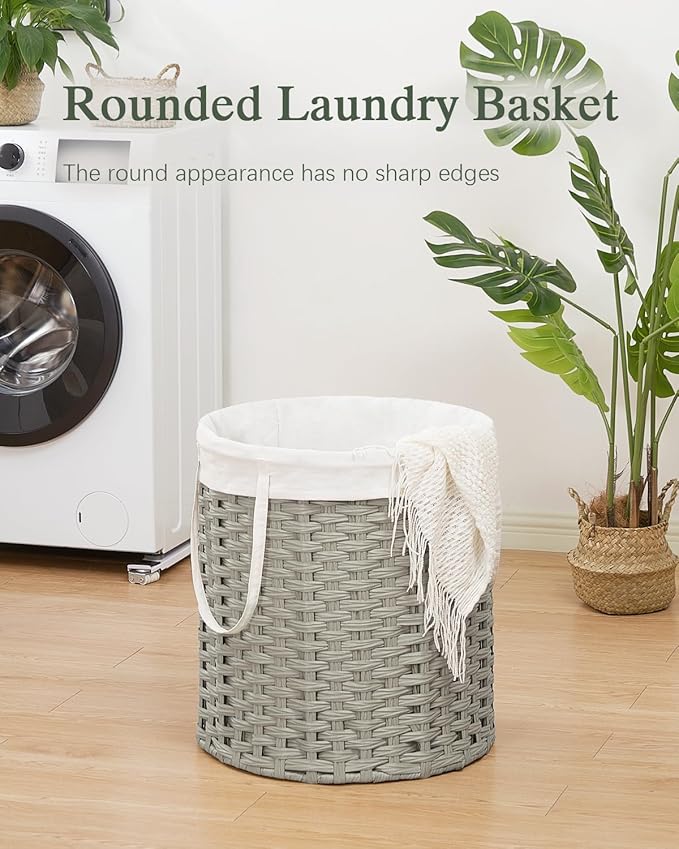 Laundry Hamper Round 26.5 Gal (100L) Handwoven Rattan Laundry Basket, Large Wicker Laundry Hamper with Removable Laundry Bag Handles 2 Mesh Bags for Bathroom Living Room Gray