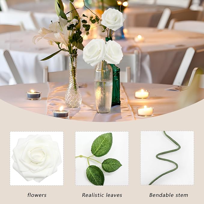 200PCS Artificial Flowers White Roses Real Looking Foam Fake Roses with Leaves and for DIY Wedding Bouquets Bridal Shower Centerpieces Party Decorations (White, 200)