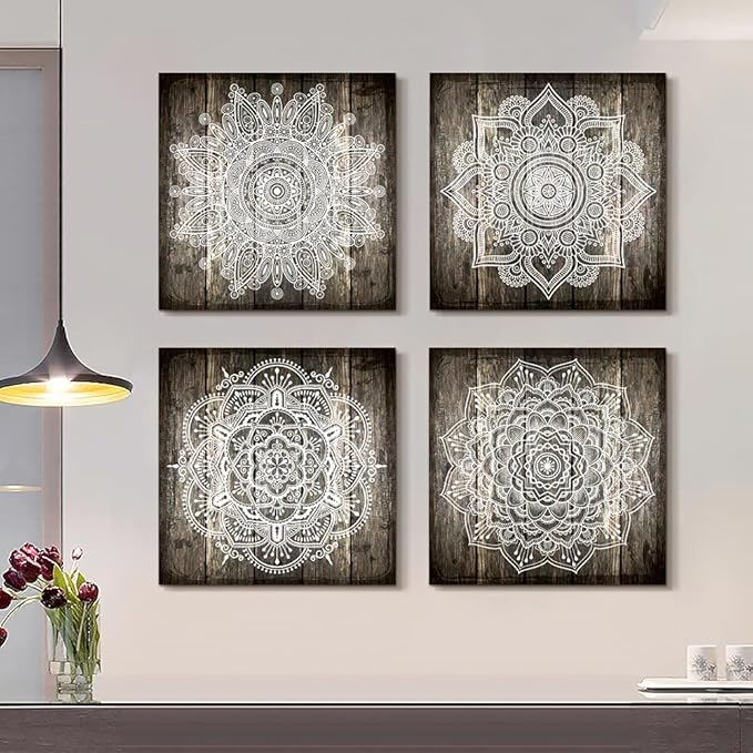 Canvas Wall Art For Bedroom Wall Decor For Living Room Black And White Abstract Paintings Modern 4 Piece Framed Retro Pattern Canvas Art Bathroom Prints Ready To Hang Pictures For Home Decorations
