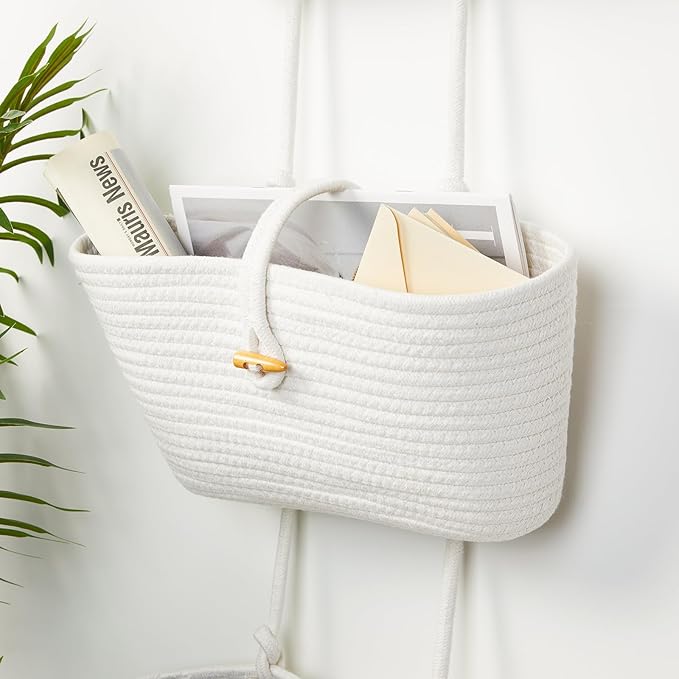 DULLEMELO Hanging Basket with Button Strap 3-Tier Woven Cotton Hanging Wall Baskets for Storage, Boho Wall Decor Hanging Storage Basket with Button Strap, White