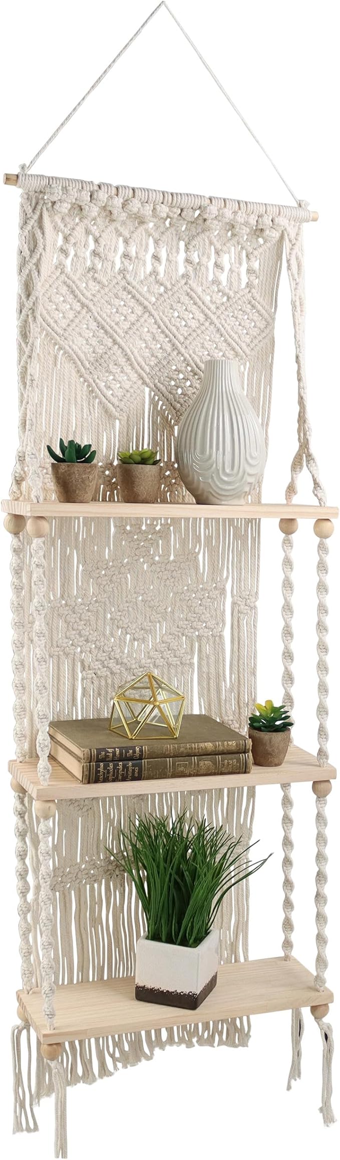 Hanging Plant Shelf Indoor Boho Decor - 3 Tier Macrame Shelf Wall Hanging Decor - Rope Boho Wall Art Wooden Floating Bookshelf for Kitchen, Bathroom or Bedroom