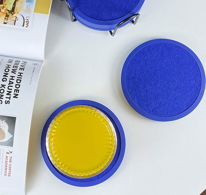 Absorbent Coasters with Holder - 6 Pack, Silicone with Soft Felt Insert (4.3 Inch Coasters, 4.5 Inch Holder, Blue)