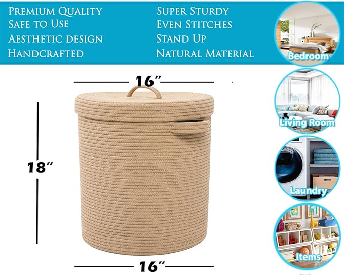 16" x 16" x 18" Extra Large Storage Basket with Lid, Cotton Rope Storage Baskets, Laundry Hamper, Cloth Bin, for Clothes Towels Blankets Pillows Storage in Living Room, Full Beige with Cover