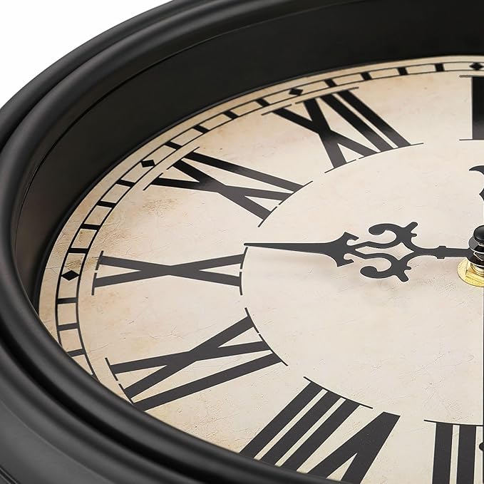 Plumeet Retro Wall Clock, 12'' Non Ticking Classic Silent Vintage Wall Clocks Decorative Kitchen Living Room Bedroom, Roman Numerals, Battery Operated, Black